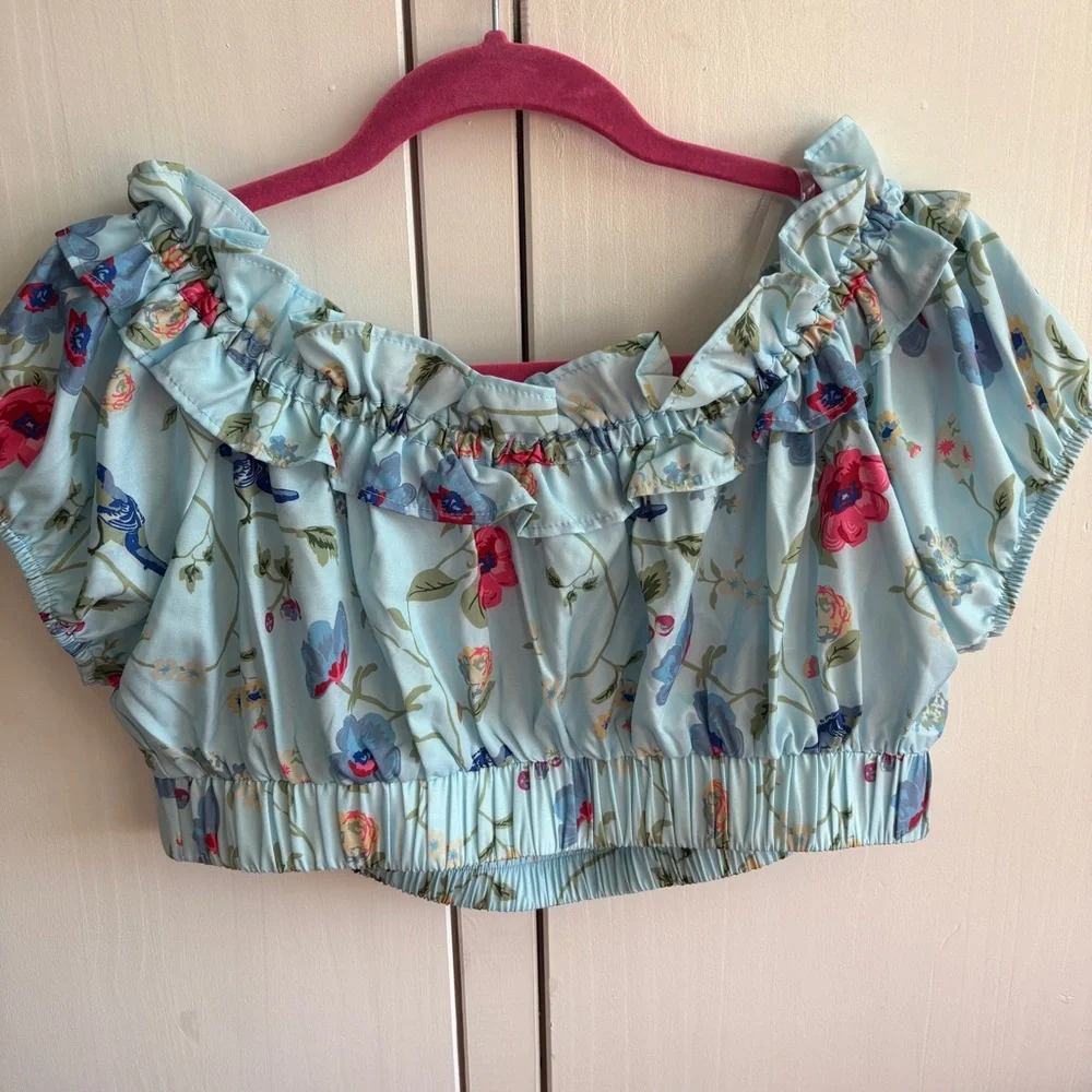 Unique Vintage sz 14 Blue Floral Bird cropped off-shoulder top blouse ruffle - Picture 3 of 6